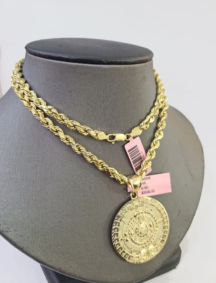 Necklaces Globalwatches10 14k Yellow Gold Rope Chain Mayan Calendar Charm SET 5mm 24 Inches Necklace