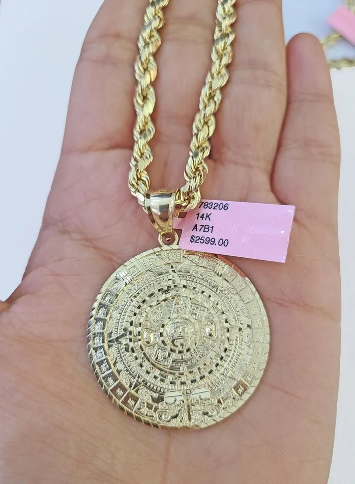 Necklaces Globalwatches10 14k Yellow Gold Rope Chain Mayan Calendar Charm SET 5mm 24 Inches Necklace