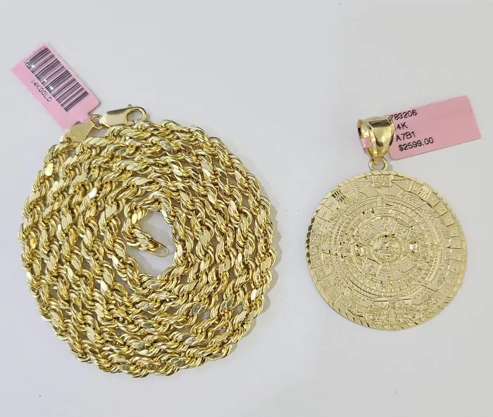 Necklaces Globalwatches10 14k Yellow Gold Rope Chain Mayan Calendar Charm SET 5mm 24 Inches Necklace