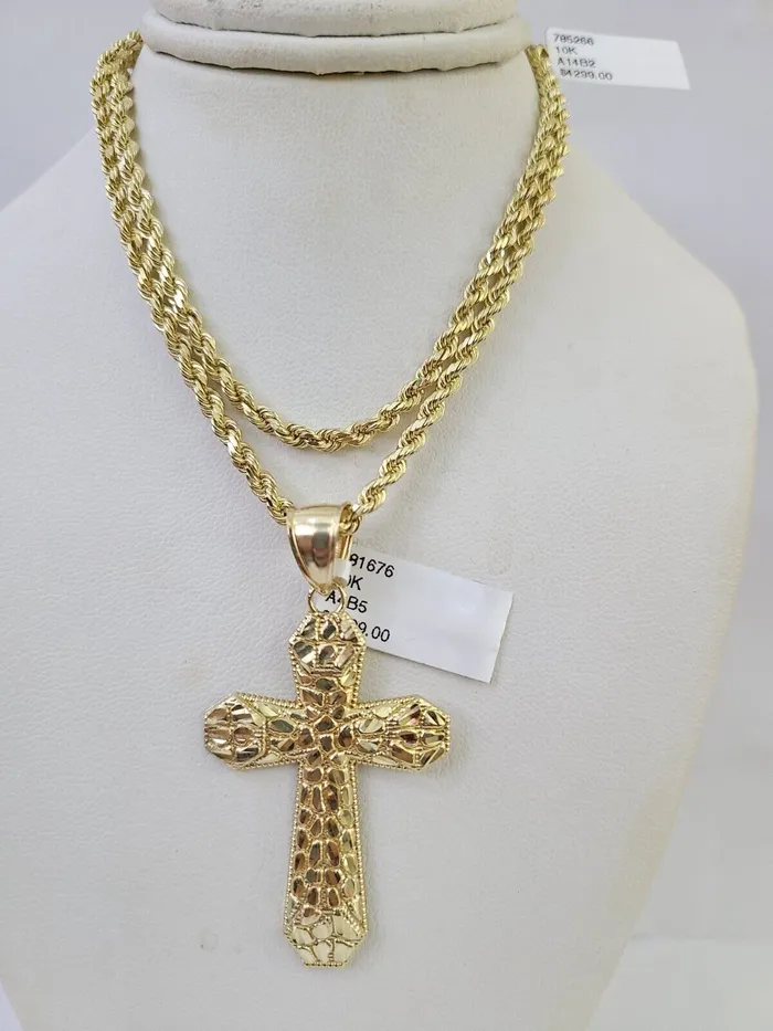 Necklaces Globalwatches10 Real 10k Solid Rope Chain Jesus Cross Charm Set 3mm 2030 Inch Necklace Gold