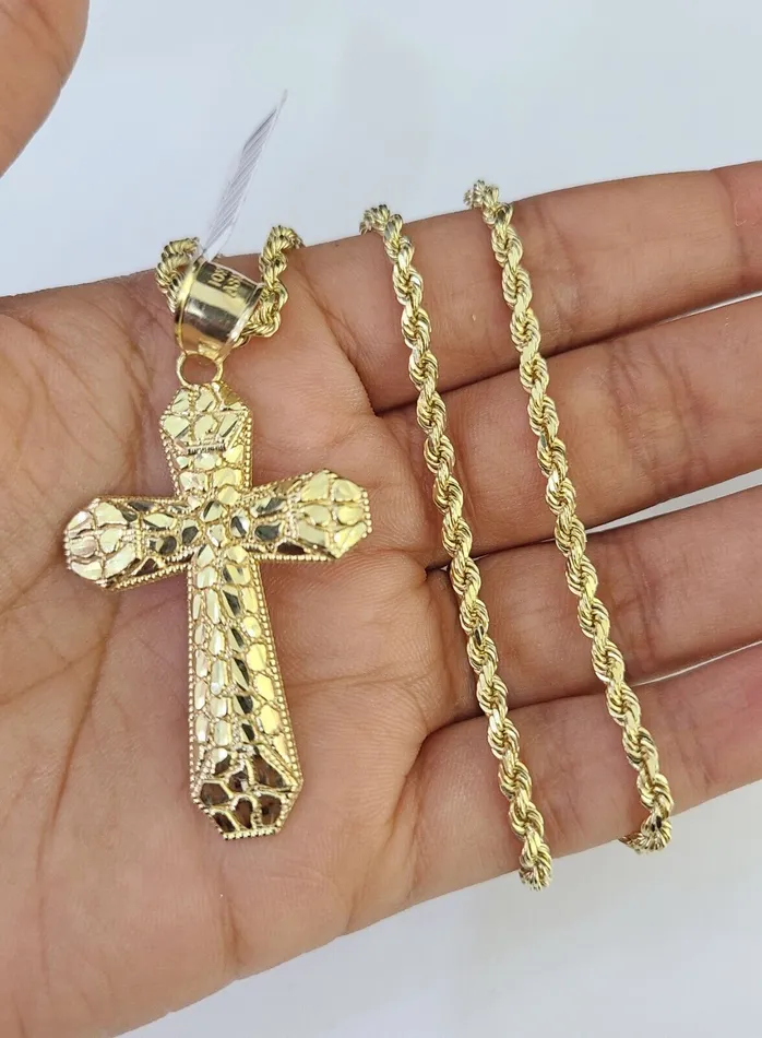 Necklaces Globalwatches10 Real 10k Solid Rope Chain Jesus Cross Charm Set 3mm 2030 Inch Necklace Gold