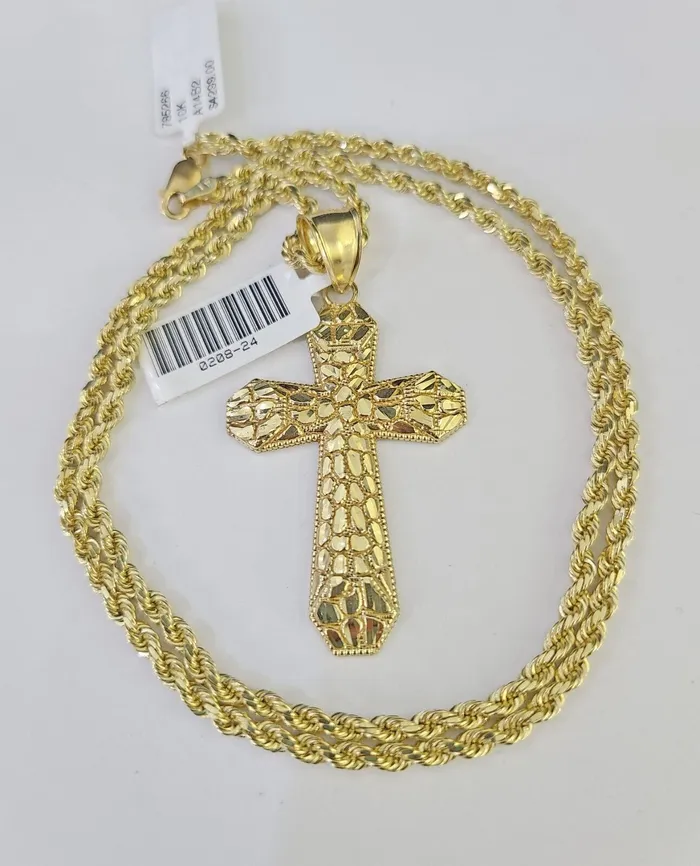 Necklaces Globalwatches10 Real 10k Solid Rope Chain Jesus Cross Charm Set 3mm 2030 Inch Necklace Gold