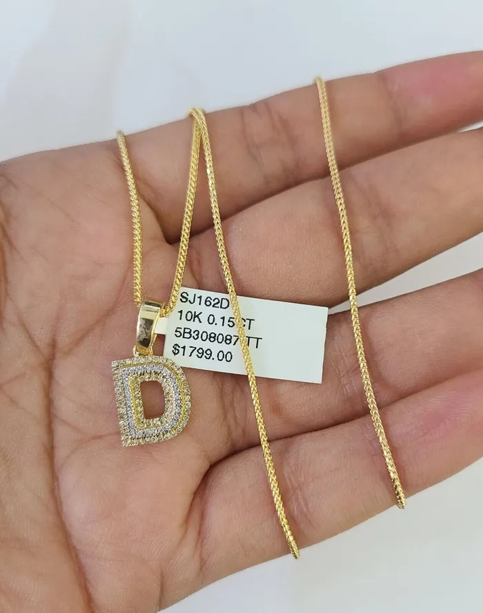 Necklaces Gold and Diamond 10K Franco Chain Diamond D Pendant Initial Necklace 1622 05mm Ladies Women Necklaces Gold and Diamond 10K Franco Chain Diamond D Pendant Initial Necklace 1622 05mm Ladies Women