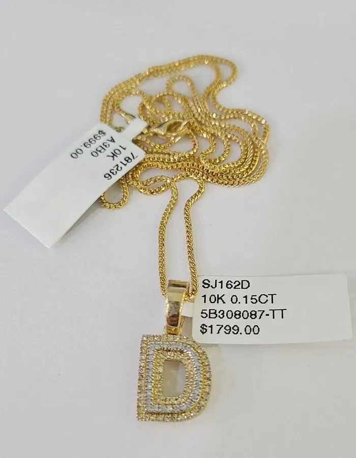 Necklaces Gold and Diamond 10K Franco Chain Diamond D Pendant Initial Necklace 1622 05mm Ladies Women