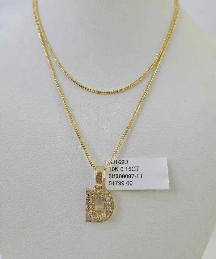 Necklaces Gold and Diamond 10K Franco Chain Diamond D Pendant Initial Necklace 1622 05mm Ladies Women