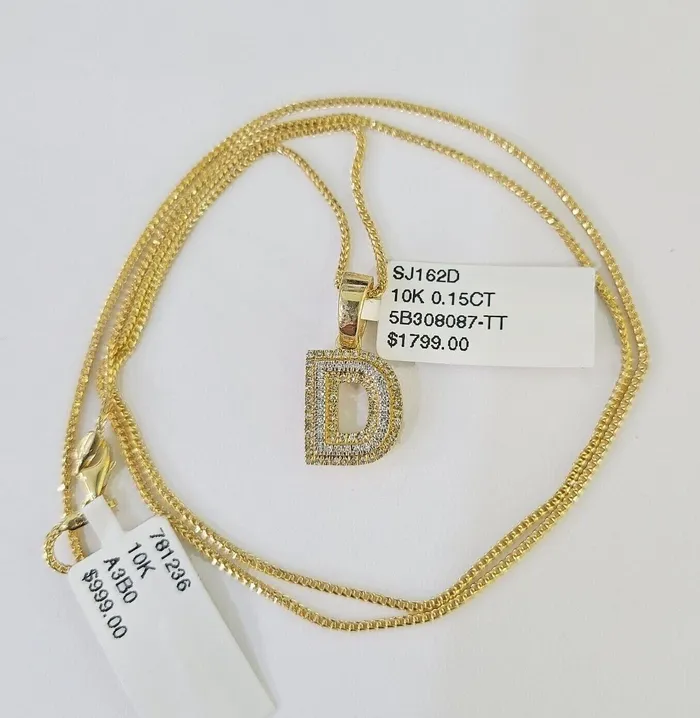 Necklaces Gold and Diamond 10K Franco Chain Diamond D Pendant Initial Necklace 1622 05mm Ladies Women