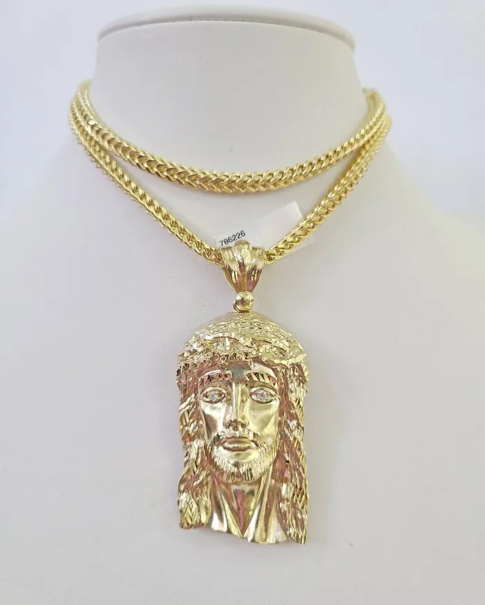 Necklaces Gold and Diamond 10K Franco Chain Jesus Head Pendant Charm Necklace 2028 4mm Gold Yellow SET Necklaces Gold and Diamond 10K Franco Chain Jesus Head Pendant Charm Necklace 2028 4mm Gold Yellow SET