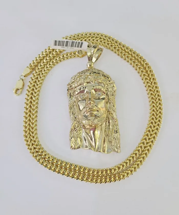 Necklaces Gold and Diamond 10K Franco Chain Jesus Head Pendant Charm Necklace 2028 4mm Gold Yellow SET
