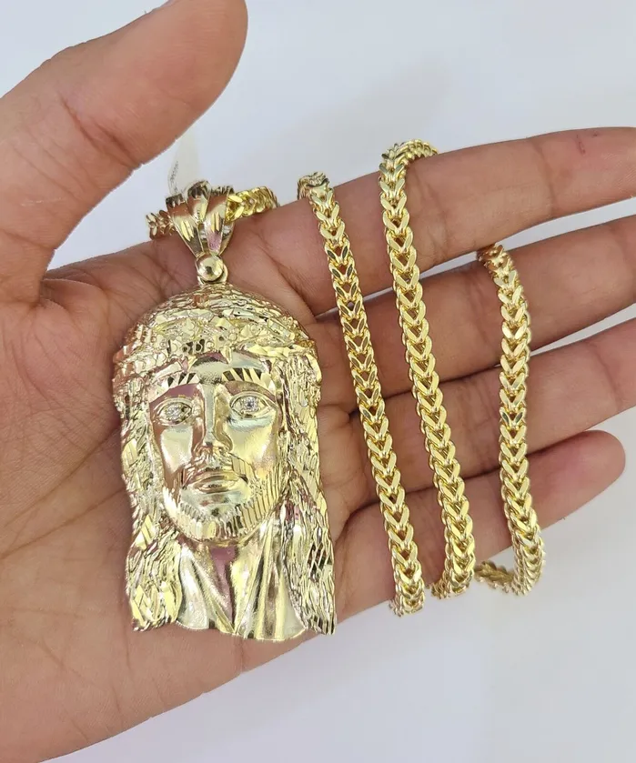 Necklaces Gold and Diamond 10K Franco Chain Jesus Head Pendant Charm Necklace 2028 4mm Gold Yellow SET