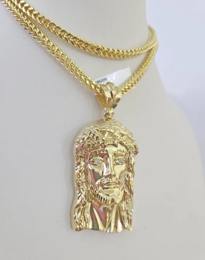Necklaces Gold and Diamond 10K Franco Chain Jesus Head Pendant Charm Necklace 2028 4mm Gold Yellow SET