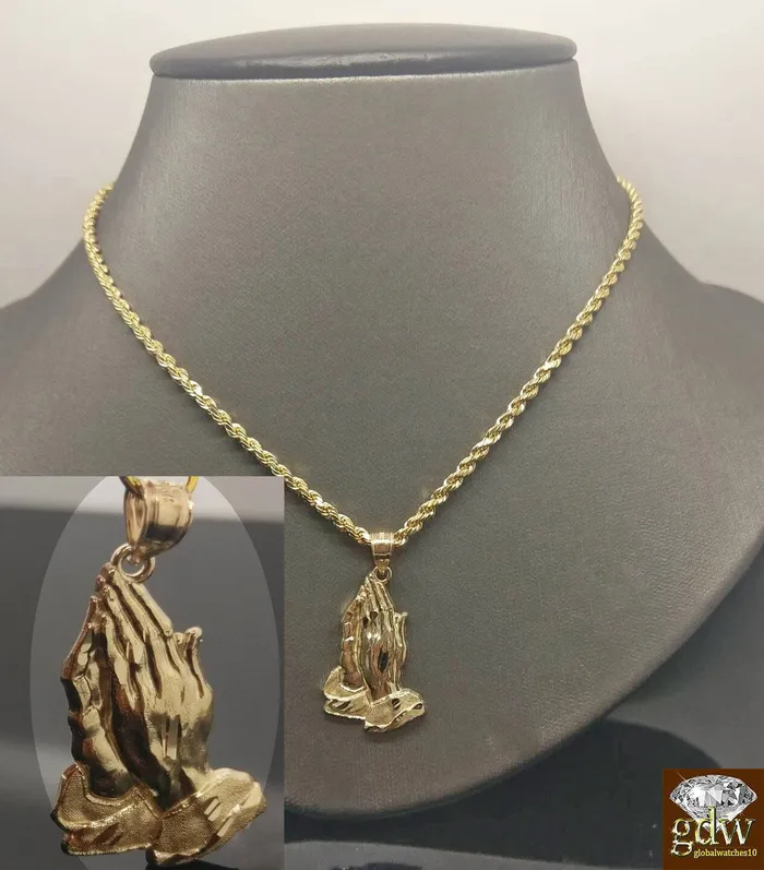 Necklaces Gold and Diamond 10k Yellow Gold Rope Chain Necklace 20 Praying Hand Charm Pendant Unisex Necklaces Gold and Diamond 10k Yellow Gold Rope Chain Necklace 20 Praying Hand Charm Pendant Unisex