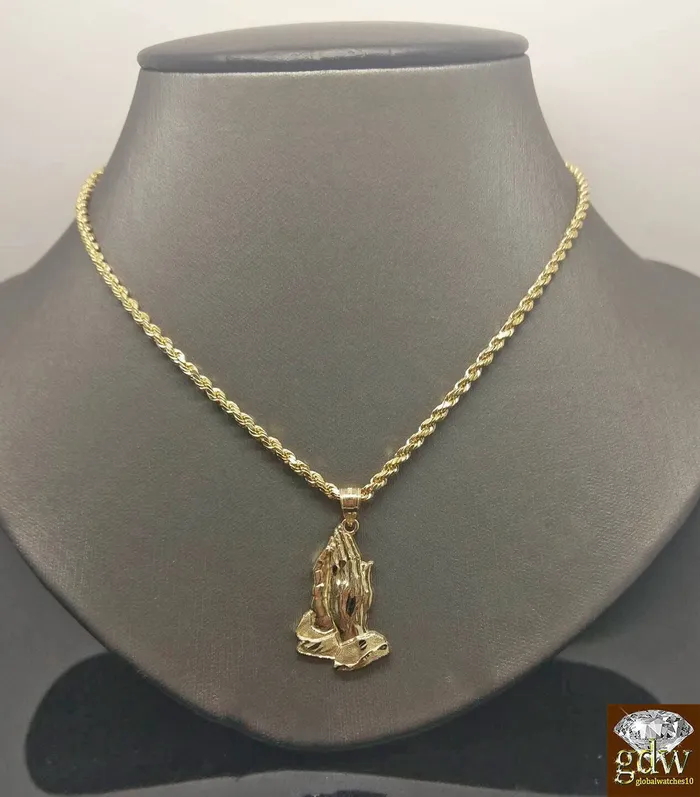 Necklaces Gold and Diamond 10k Yellow Gold Rope Chain Necklace 20 Praying Hand Charm Pendant Unisex
