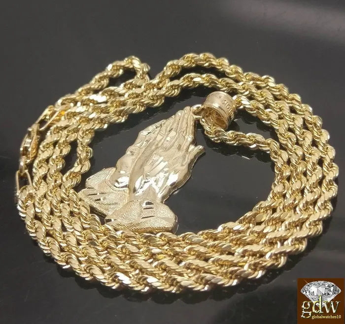 Necklaces Gold and Diamond 10k Yellow Gold Rope Chain Necklace 20 Praying Hand Charm Pendant Unisex