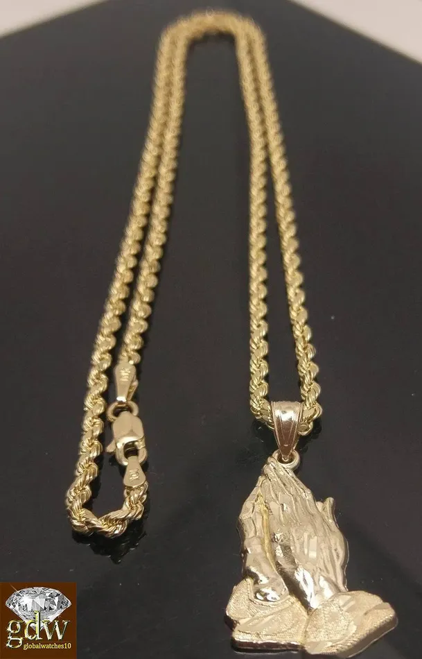 Necklaces Gold and Diamond 10k Yellow Gold Rope Chain Necklace 20 Praying Hand Charm Pendant Unisex