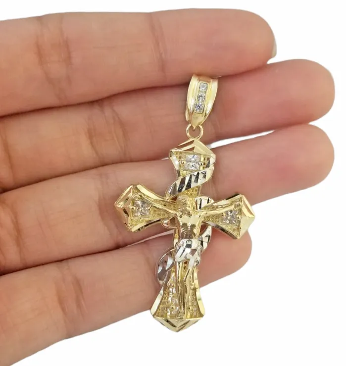 Necklaces Gold and Diamond 14K Real Yellow Gold Jesus Cross Diamond Cut Pendant Religious