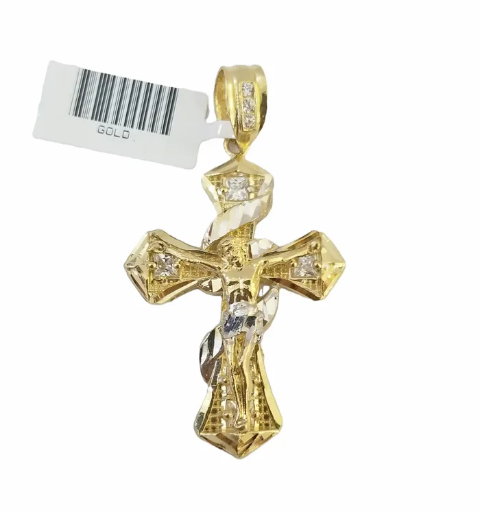Necklaces Gold and Diamond 14K Real Yellow Gold Jesus Cross Diamond Cut Pendant Religious