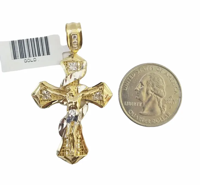 Necklaces Gold and Diamond 14K Real Yellow Gold Jesus Cross Diamond Cut Pendant Religious