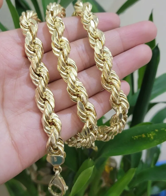 Necklaces Gold and Diamond Mens 10k Yellow Gold Rope Chain 10mm 28 Inch Necklace Real 10kt diamond cuts