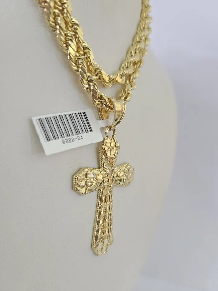 Necklaces Gold and Diamond Real 10k Rope Chain Jesus Cross Charm Necklace Pendant Set 5mm 2030 Inch Gold