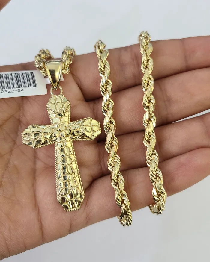 Necklaces Gold and Diamond Real 10k Rope Chain Jesus Cross Charm Necklace Pendant Set 5mm 2030 Inch Gold