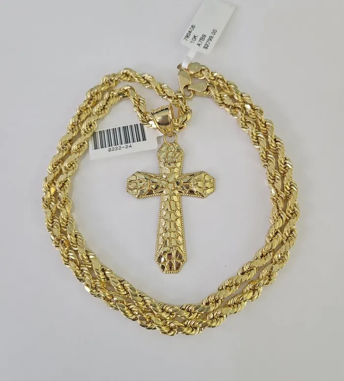 Necklaces Gold and Diamond Real 10k Rope Chain Jesus Cross Charm Necklace Pendant Set 5mm 2030 Inch Gold