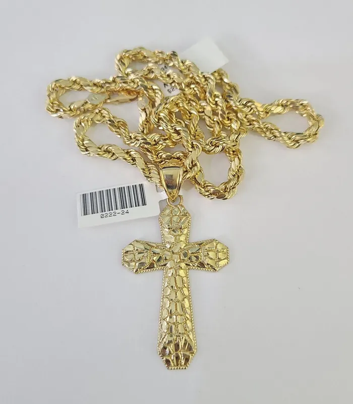 Necklaces Gold and Diamond Real 10k Rope Chain Jesus Cross Charm Necklace Pendant Set 5mm 2030 Inch Gold