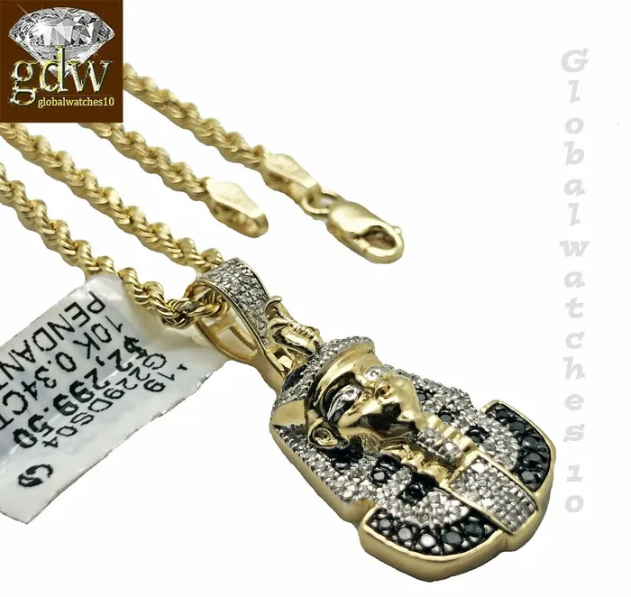 Necklaces Gold and Diamond Solid 10k Gold Pharaoh Head Charm with Rope chain in 20 22 24 26 Inch Pendant Necklaces Gold and Diamond Solid 10k Gold Pharaoh Head Charm with Rope chain in 20 22 24 26 Inch Pendant