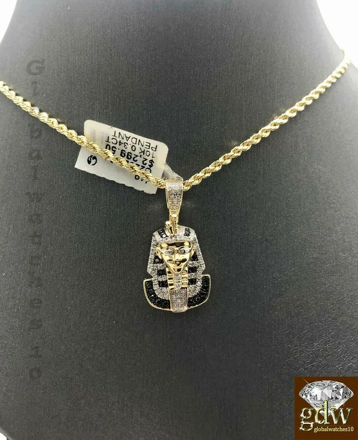 Necklaces Gold and Diamond Solid 10k Gold Pharaoh Head Charm with Rope chain in 20 22 24 26 Inch Pendant