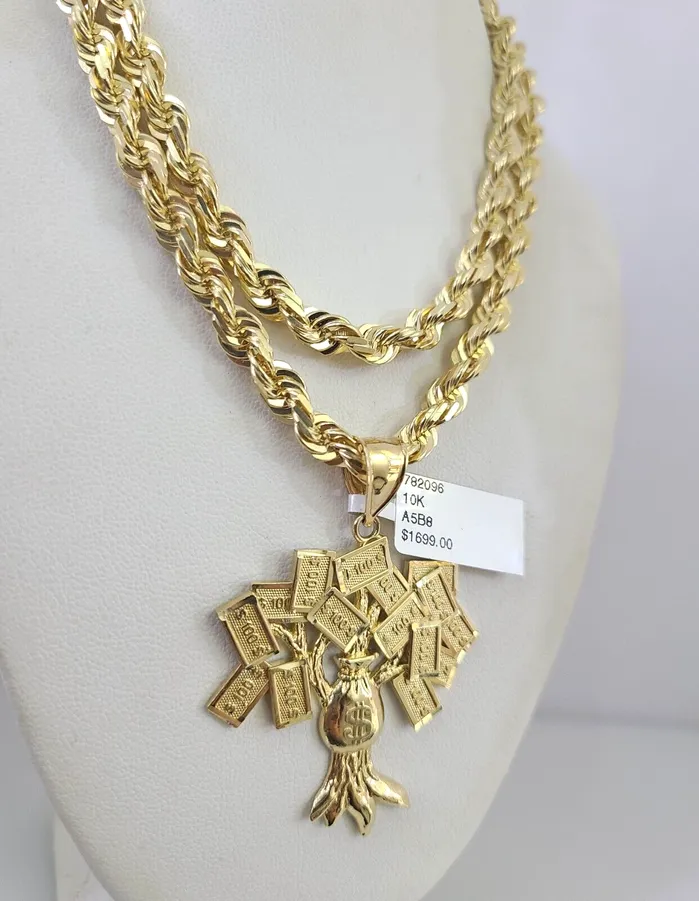 Necklaces Real 10k Solid Rope Chain Money Tree Charm Set 6mm 2030 Inch Necklace Gold Gold and Diamond