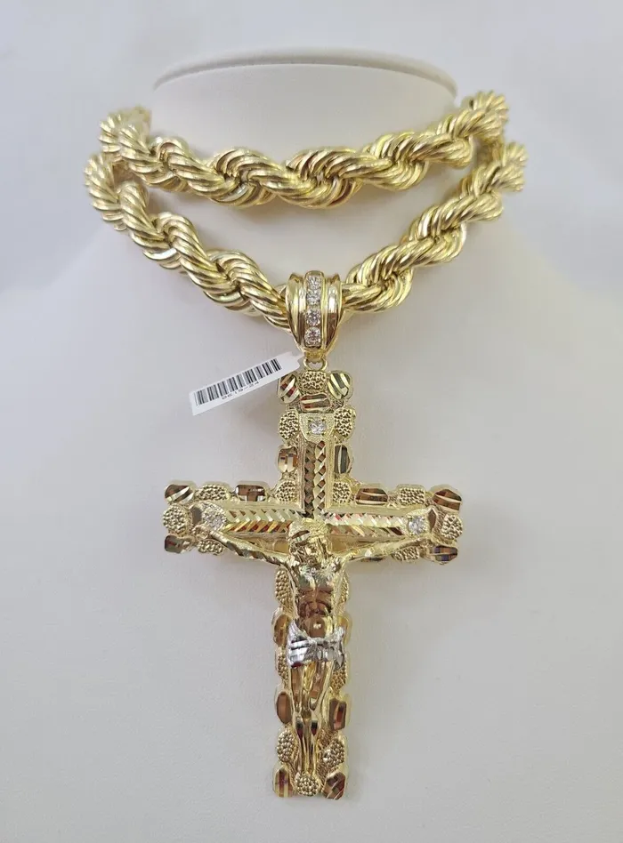 Real 10k Rope Chain Jesus Cross Charm Set 12mm 2030 Inch Necklace Yellow Gold Globalwatches10 Necklaces Real 10k Rope Chain Jesus Cross Charm Set 12mm 2030 Inch Necklace Yellow Gold Globalwatches10 Necklaces
