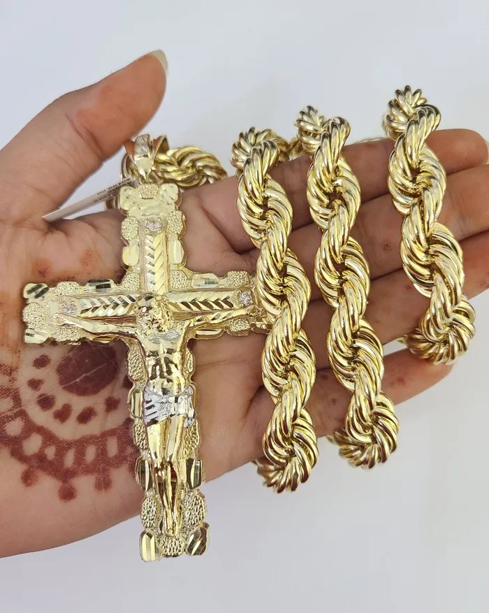Real 10k Rope Chain Jesus Cross Charm Set 12mm 2030 Inch Necklace Yellow Gold Globalwatches10 Necklaces