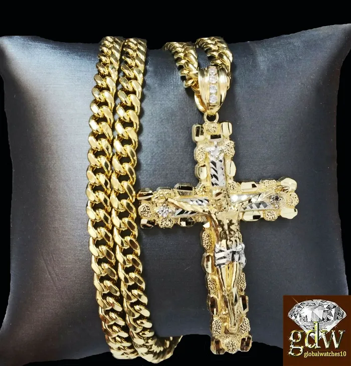 Real 10k Yellow Gold Jesus Cross Pendant 10k 22Inch 8mm Cuban Chain Box Lock Gold and Diamond Necklaces Real 10k Yellow Gold Jesus Cross Pendant 10k 22Inch 8mm Cuban Chain Box Lock Gold and Diamond Necklaces