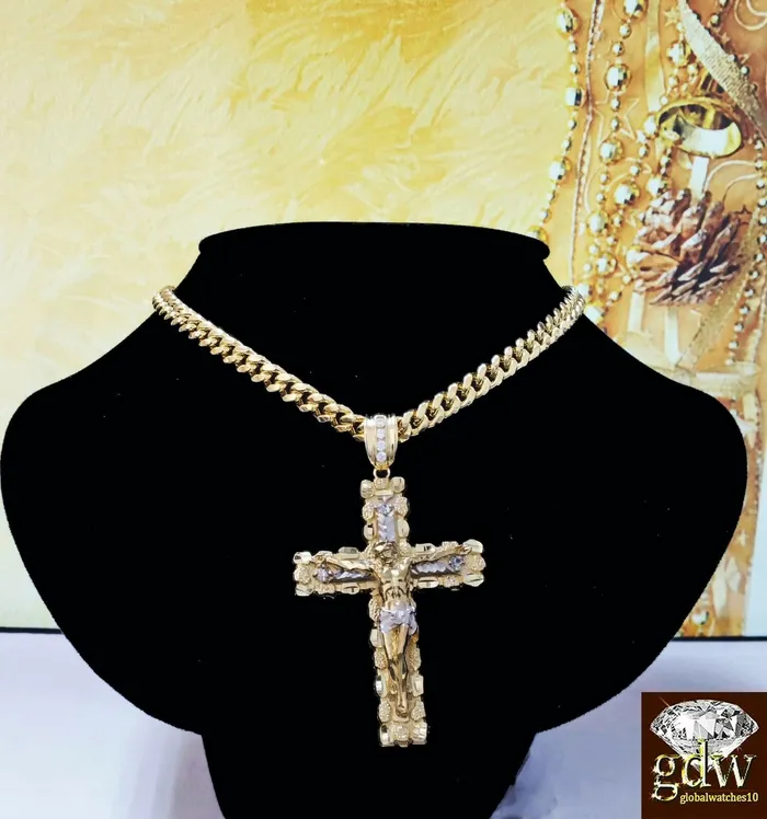 Real 10k Yellow Gold Jesus Cross Pendant 10k 22Inch 8mm Cuban Chain Box Lock Gold and Diamond Necklaces