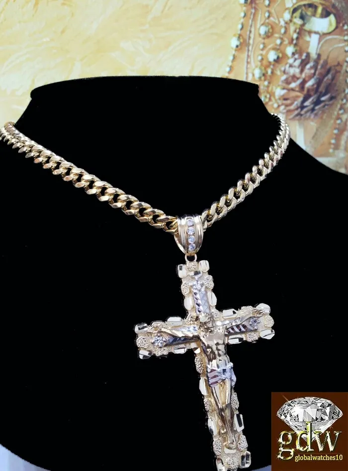 Real 10k Yellow Gold Jesus Cross Pendant 10k 22Inch 8mm Cuban Chain Box Lock Gold and Diamond Necklaces