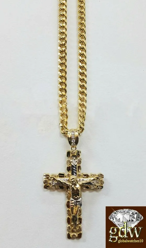 Real 10k Yellow Gold Jesus Cross Pendant 10k 22Inch 8mm Cuban Chain Box Lock Gold and Diamond Necklaces