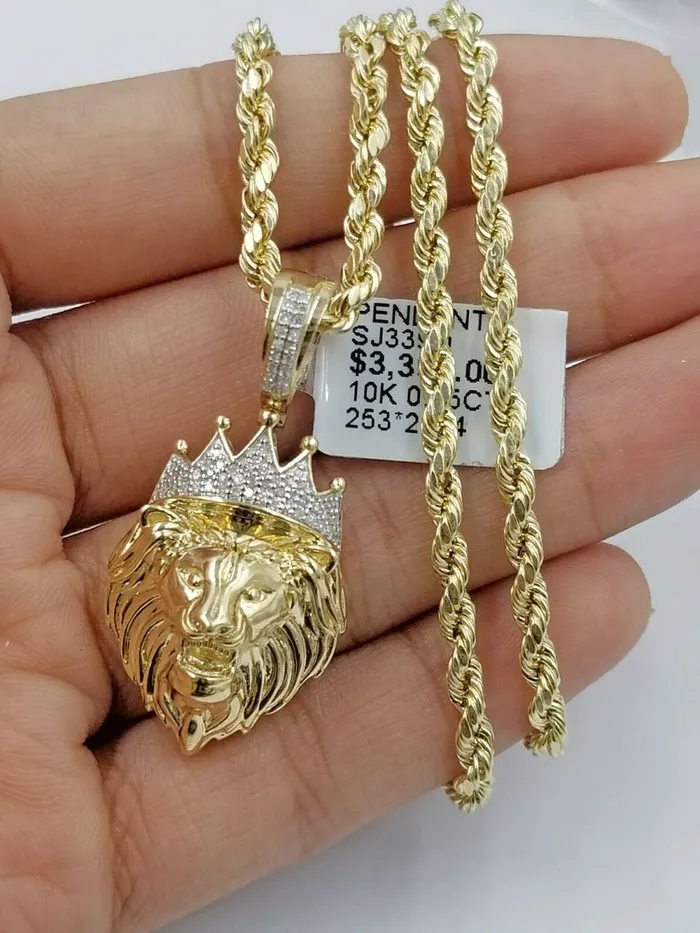 Real 10k Yellow Gold Lion Head 15 CharmPendant with Genuine 015 CT Diamonds Gold and Diamond Charm Necklaces