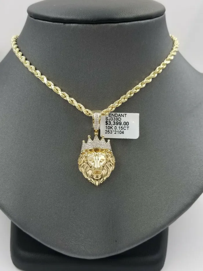 Real 10k Yellow Gold Lion Head 15 CharmPendant with Genuine 015 CT Diamonds Gold and Diamond Charm Necklaces