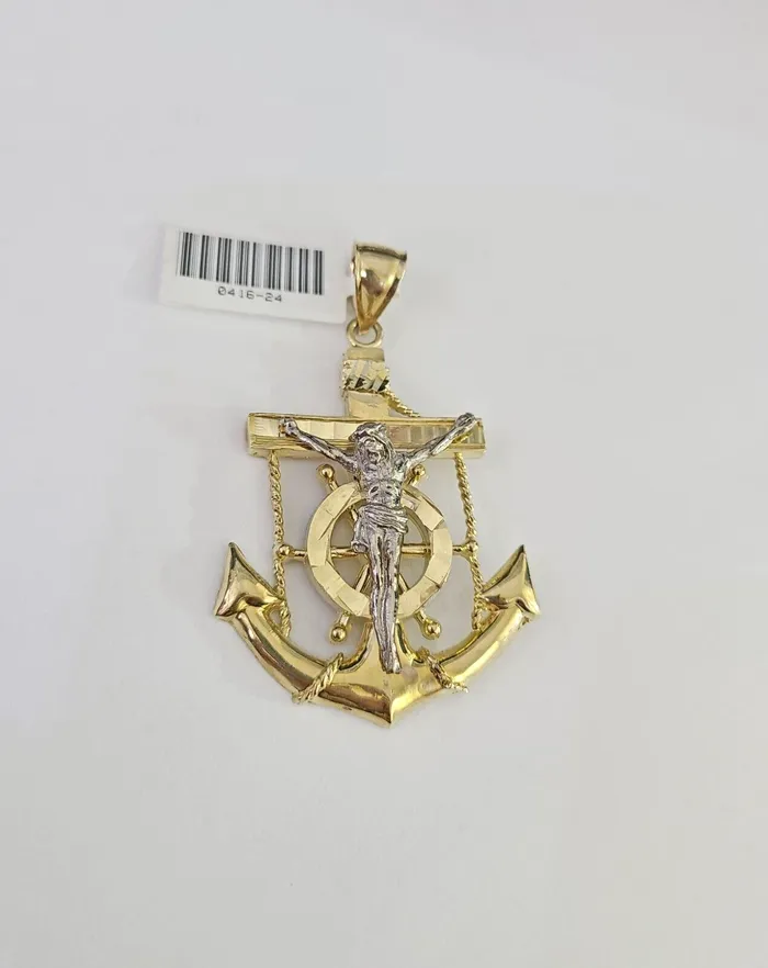 Real 10kt Jesus Crucifix Anchor Pendant Charm Yellow Gold 10Kt Genuine Gold and Diamond Charm Necklaces