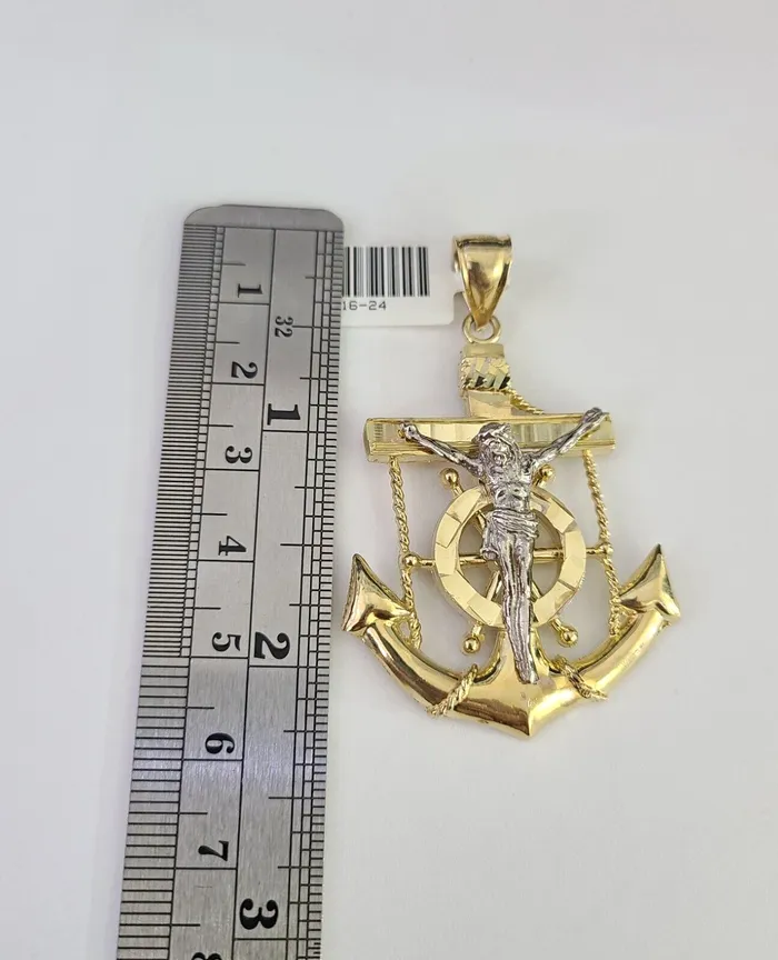 Real 10kt Jesus Crucifix Anchor Pendant Charm Yellow Gold 10Kt Genuine Gold and Diamond Charm Necklaces