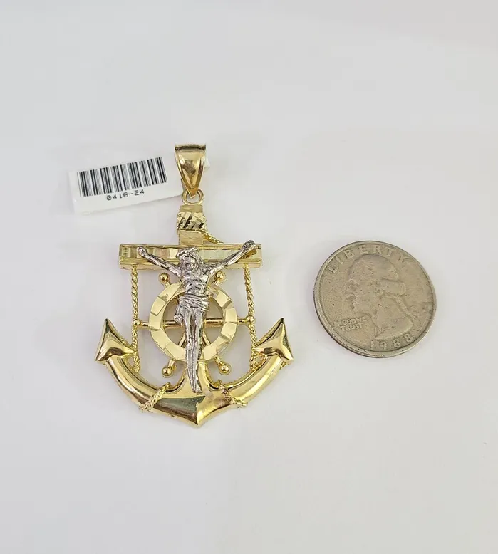 Real 10kt Jesus Crucifix Anchor Pendant Charm Yellow Gold 10Kt Genuine Gold and Diamond Charm Necklaces