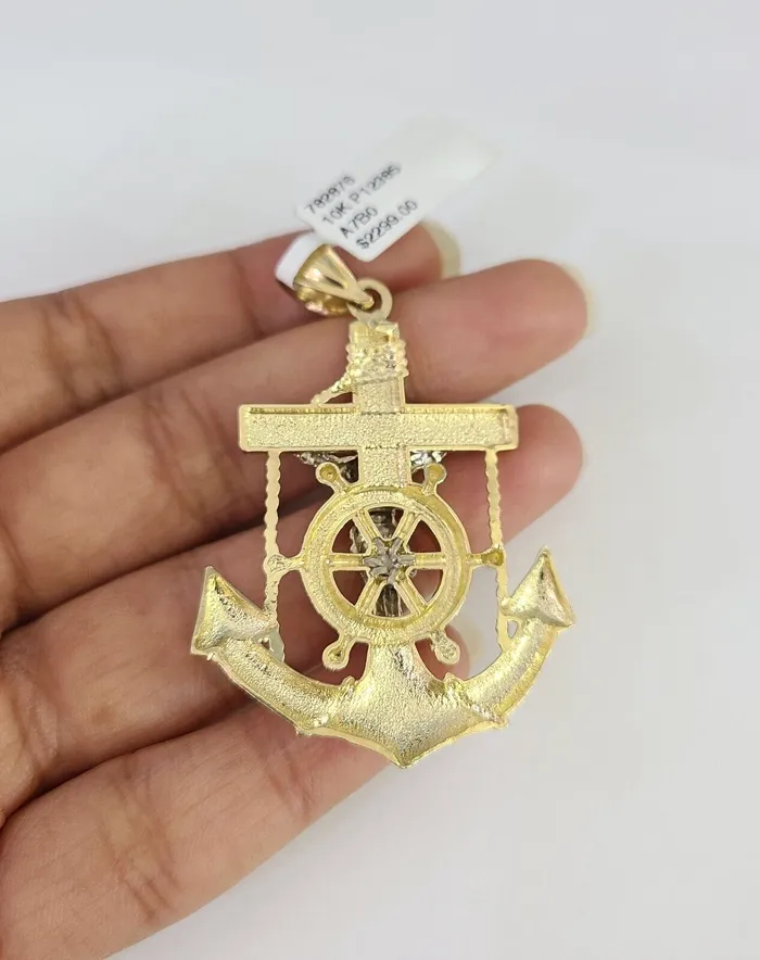 Real 10kt Jesus Crucifix Anchor Pendant Charm Yellow Gold 10Kt Genuine Gold and Diamond Charm Necklaces