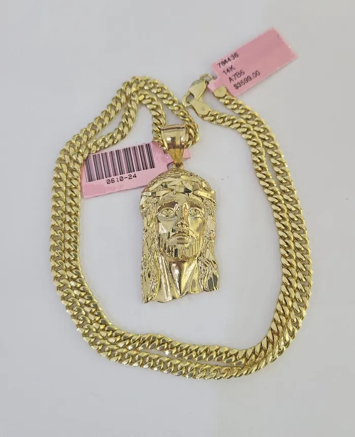 Real 14k Chain Jesus Head Charm Set Miami Cuban Link 4mm Necklace Pendant Gold and Diamond Necklaces