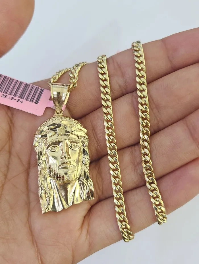 Real 14k Chain Jesus Head Charm Set Miami Cuban Link 4mm Necklace Pendant Gold and Diamond Necklaces