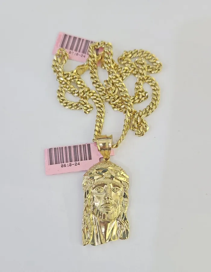 Real 14k Chain Jesus Head Charm Set Miami Cuban Link 4mm Necklace Pendant Gold and Diamond Necklaces
