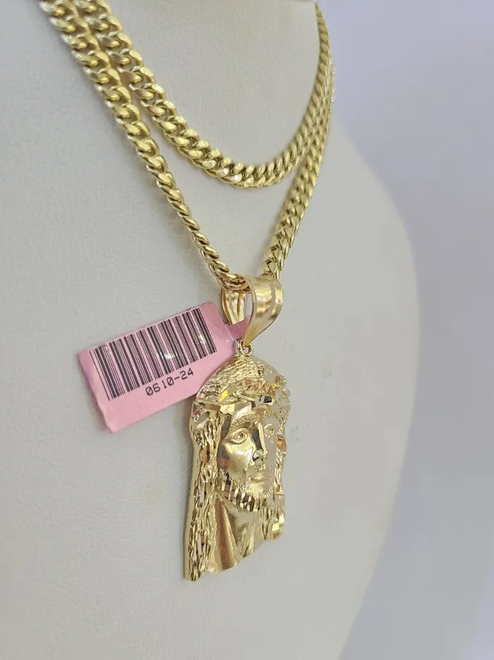 Real 14k Chain Jesus Head Charm Set Miami Cuban Link 4mm Necklace Pendant Gold and Diamond Necklaces