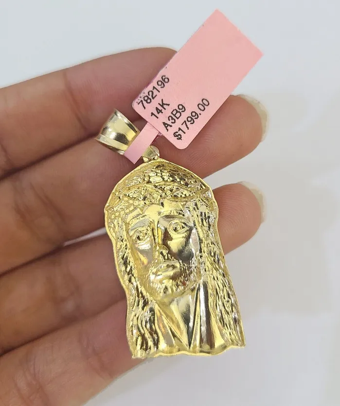 Real 14k Chain Jesus Head Charm Set Miami Cuban Link 4mm Necklace Pendant Gold and Diamond Necklaces