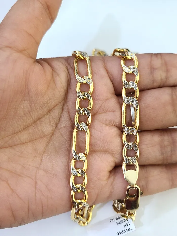 Real 14K Yellow Gold Figaro Link Chain Diamond Cut 8mm 24 Necklace Lobster Gold and Diamond Necklaces