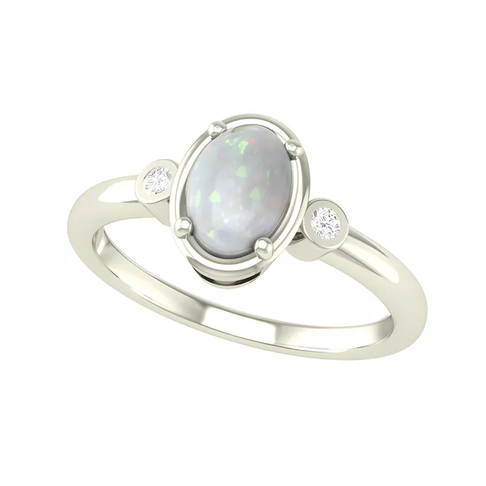 Rings Birthstones 10kt White Gold Opal And Diamond Ring