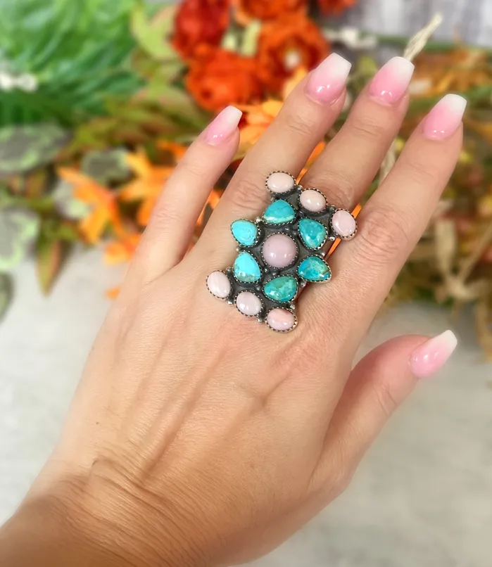 SophiaRene Boutique Rings Sterling Silver Pink OpalTurquoise Statement Ring