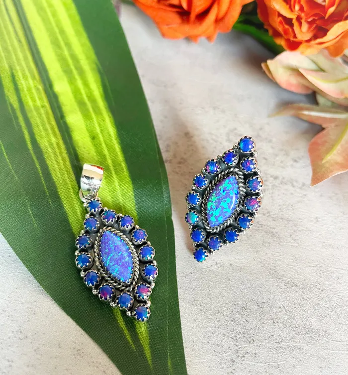 Sterling Silver Blue OpalBlue Aurora Custom Cluster Pendant SophiaRene Boutique Rings Sterling Silver Blue OpalBlue Aurora Custom Cluster Pendant SophiaRene Boutique Rings